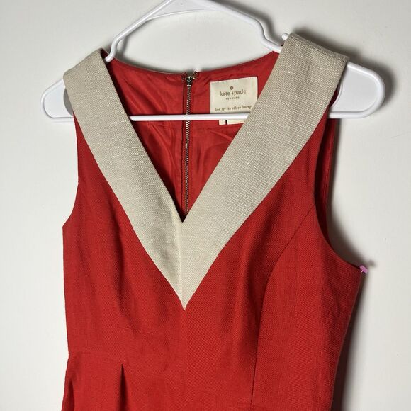 Kate Spade James Linen Sleeveless Colorblock Shift Dress Size 4 Red Beige $495 - Picture 3 of 9